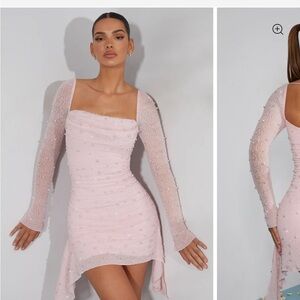Oh Polly Long Sleeve Embellished Cowl Neck Mini Dress in Blush